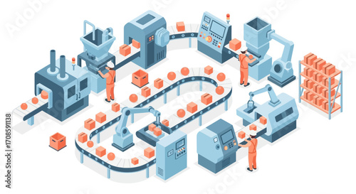 Isometric Automated Factory Production Line with Robots and Conveyor Belts.