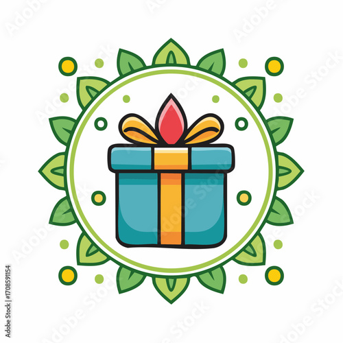A present box icon placed within a green rangoli design, representing gifting during Indian festivals.