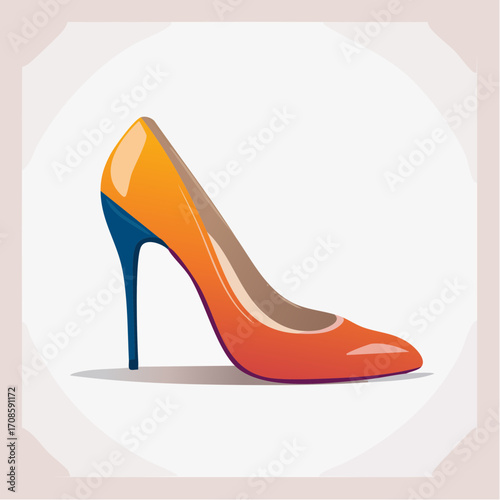 Vibrant Illustration of a High-Heeled Pump in Orange, Yellow, and Blue Tones