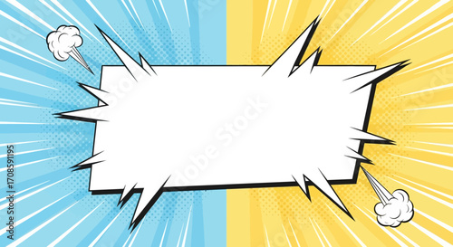 Dynamic comic speech bubble with sharp edges and impact puffs.