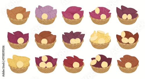 Various types of sweet potatoes in baskets.