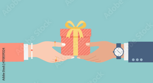 Two hands exchanging a gift box with a ribbon.