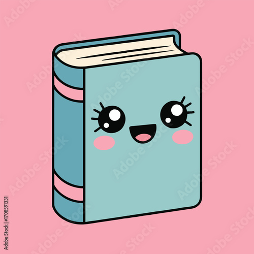 Vector art of a charming blue book with a sweet smile and rosy cheeks, set against a soft pink background, perfect for educational materials, childrens stories, and designs promoting literacy