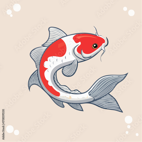 Vibrant illustration of a stylized koi fish with red and white markings on a soft background