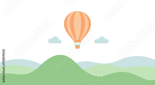 Whimsical Hot Air Balloon Ascending Over Rolling Green Hills Landscape.