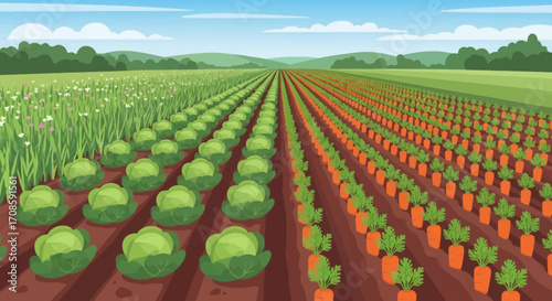 Rows of Fresh Vegetables Growing in a Field.
