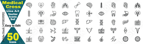 Medical Cross Line Art Vector Icons Set. With 50 Health Illustrations illustration