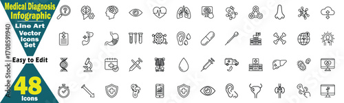 Medical Diagnosis Infographic Line Art Vector Icons Set. 48 Icons Easy to Edit illustration