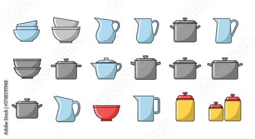 Collection of Kitchenware: Bowls Pitchers Pots and Canisters.