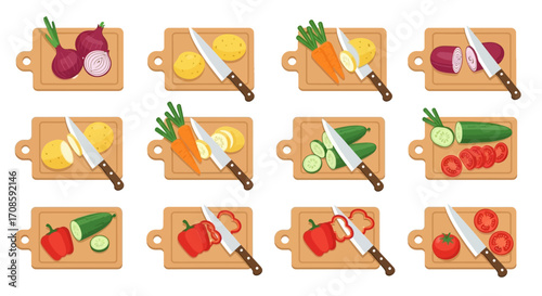 Vegetables being chopped on cutting boards with knives for meal preparation.