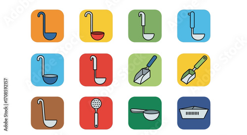 Colorful Kitchen Utensil Icon Set for Cooking and Food.