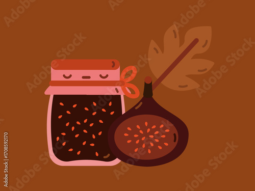 Jar of fig jam. Fig. Cozy children's illustration with fig. Autumn illustration. Children's illustration. Autumn season. Cozy autumn. Cute character design.