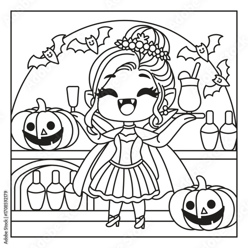 Cheerful Halloween character with pumpkins and bats