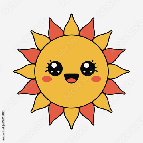 Vector art of cute sun cartoon happy sun with big eyes and smile vector illustration of a sun with a kawaii face perfect for childrens books, greeting cards, and posters