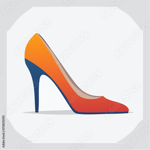 Vibrant Illustration of an Orange, Red, and Blue High-Heeled Pump on a White Background