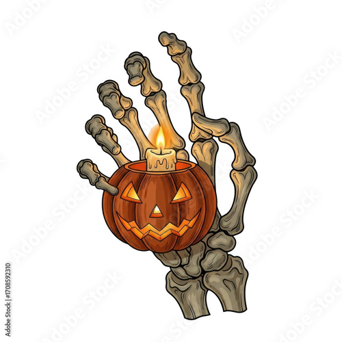 Spooky halloween skeleton hand holding a glowing jack o lantern isolated on transparent background