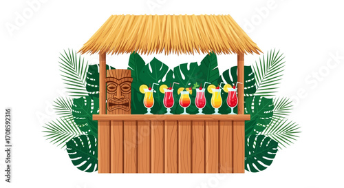 Wooden Tiki Bar with Tropical Cocktails.