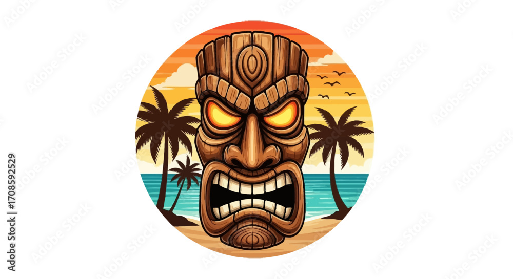 Obraz premium Fierce Tiki Mask with Glowing Eyes and Sharp Teeth.