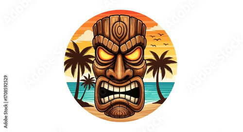 Fierce Tiki Mask with Glowing Eyes and Sharp Teeth.
