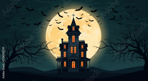 Spooky haunted house silhouette against a full moon with bats flying.