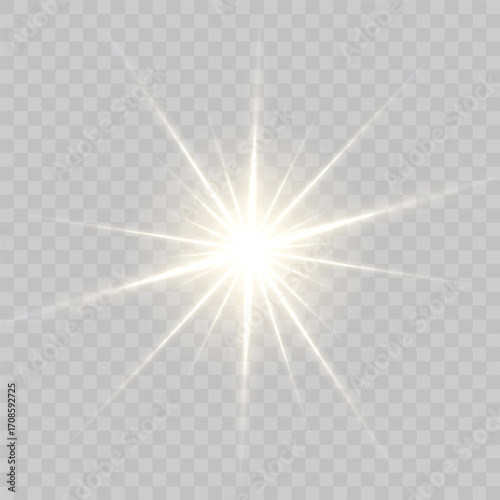 Sunny light burst illustration with golden shine and bright sunbeams. Magical starlight, glowing flash and energy effects on an isolated summer sky background.