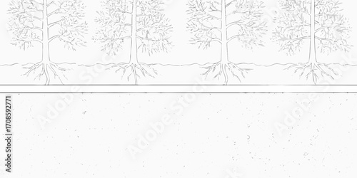 Stylized line art illustration of bare trees with visible root systems in a row above a textured ground layer