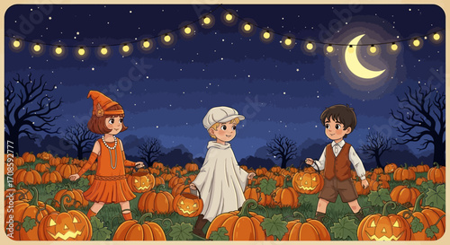 Three children in Halloween costumes in pumpkin patch.