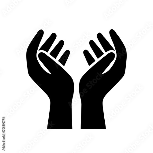 Silhouetted open hands raised upward in a minimal graphic style on white background, symbolizing support, care, and generosity