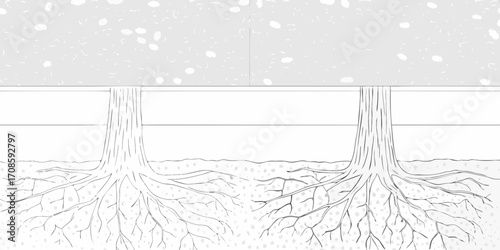 Illustration of a healthy tree root system compared to a restricted root system in soil