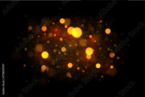 Abstract luxury bokeh background with golden glitter and glowing light effects. Shiny Christmas decoration with sparkle stars, blurred dust and magic glow. Vector illustration