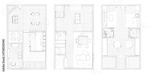 Architectural floor plan drawings of three modern apartments showing furniture layouts