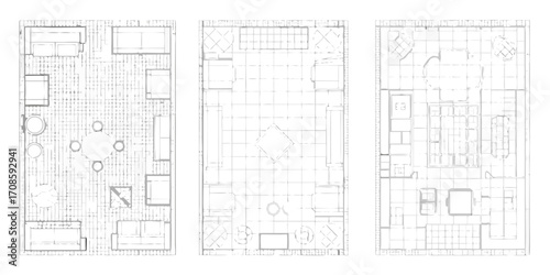Top down view architectural floor plan sketches of three different living room layouts