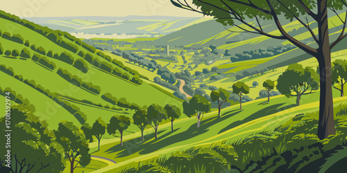 Idyllic green valley landscape with a winding path and distant village