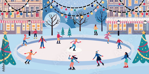People ice skating on an outdoor rink in a snowy town square decorated for the holidays