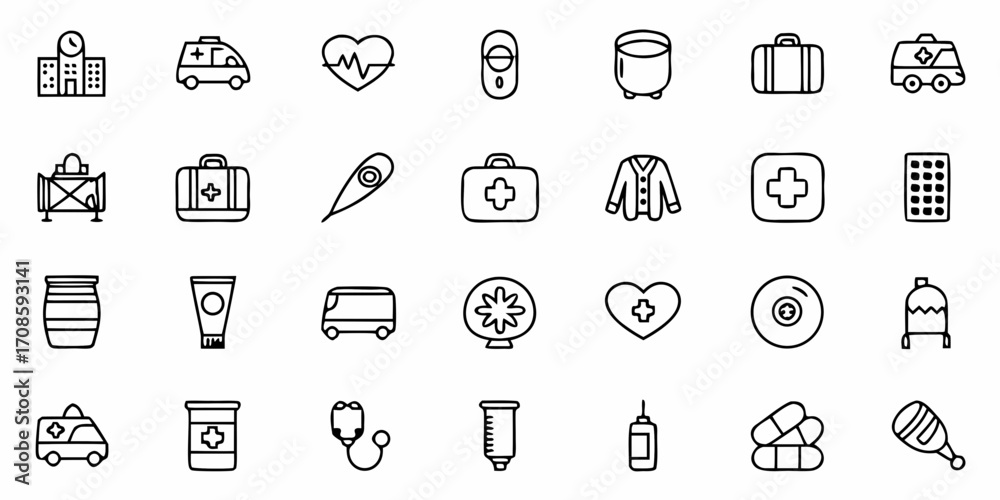Fototapeta premium Healthcare icons showcase medical services, emergency care, and patient well-being, perfect for health websites or medical app design with clean, professional style