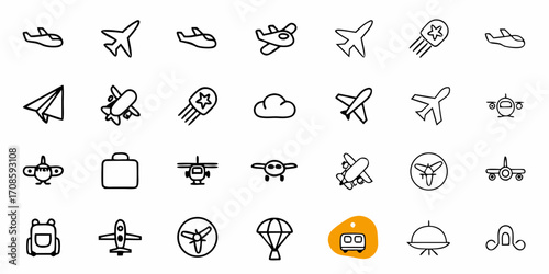 Fly High with These Hand-Drawn Black and White Airplane Icons, Featuring Planes, Helicopters, and More Aviation Elements for Travel and Design Projects, Vector Graphics