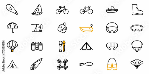 Line art icons featuring outdoor adventure gear and recreational activities, a collection showing sporting equipment, safety equipment, and travel items, simple and fun