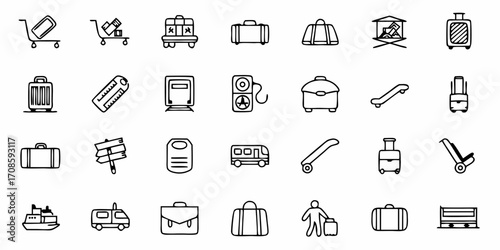 Travel icons showcase journey excitement baggage carts suitcases and transport options for a vibrant vacation planning or tourism marketing campaign, scalable vector graphic