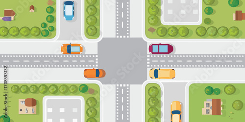 Top down view of a suburban intersection with cars and houses
