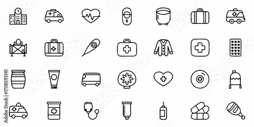 Healthcare icons showcase medical services, emergency care, and patient well-being, perfect for health websites or medical app design with clean, professional style