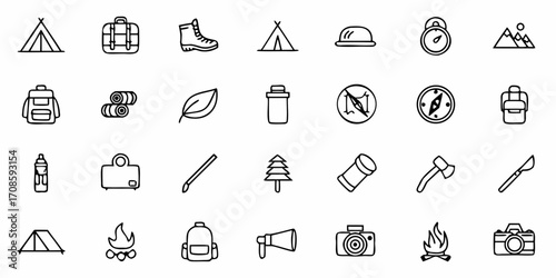 Plan Your Adventure with these Doodle Style Camping Icons, Perfect for Travel Blogs, Outdoor Guides, and Nature-Themed Designs, Originally a Scalable Vector Graphic