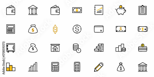 Financial Planning Icons for Business Success, Banking and Investment Symbols for Growth, Modern Money Management Vector Icons Set for Financial Services, and Budgeting