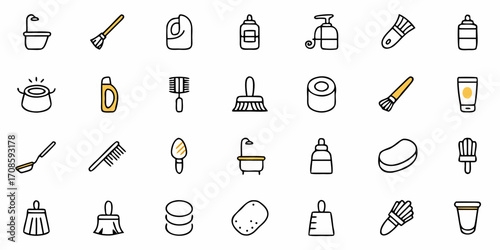 Stylized Cleaning Icons for Hygiene and Home Organization Projects, Perfect for Visual Guides and Instructional Materials, Ensuring Sparkling Results and Healthier Living