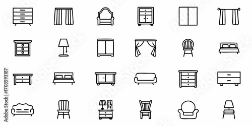 Modern home furniture line art icons for interior design projects, showcasing elegant beds, couches, chairs, dressers, and stylish lamps for comfortable living spaces