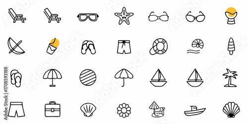 Dreaming of Sunny Shores: A Collection of Beach Icons Evoking Vacation Vibes and Summer Fun, Perfect for Travel Blogs and Seaside Promotions