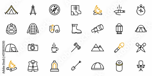 Essential camping and outdoor adventure icons offer a fun and modern design element for any project, perfect for travel blogs and outdoor gear promotions