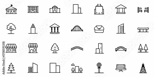 Charming city icons showing iconic buildings, parks, nature and monuments, perfect for urban planning, travel guides, and architectural designs with a modern feel