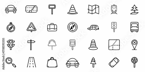 Hand-Drawn Travel Icons for Adventure Seekers and Road Trip Enthusiasts, Perfect for Maps, Apps, and Vacation Designs, Evoking Wanderlust and Discovery