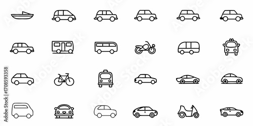 Diverse transportation methods icons, featuring cars, buses, boats, and bikes, showcasing modern mobility solutions with a clean, scalable design