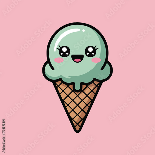 Vector art of a charming cartoon ice cream cone with mint green ice cream and a cute, smiling face on a soft pink background, creating a delightful and refreshing illustration for summer treats